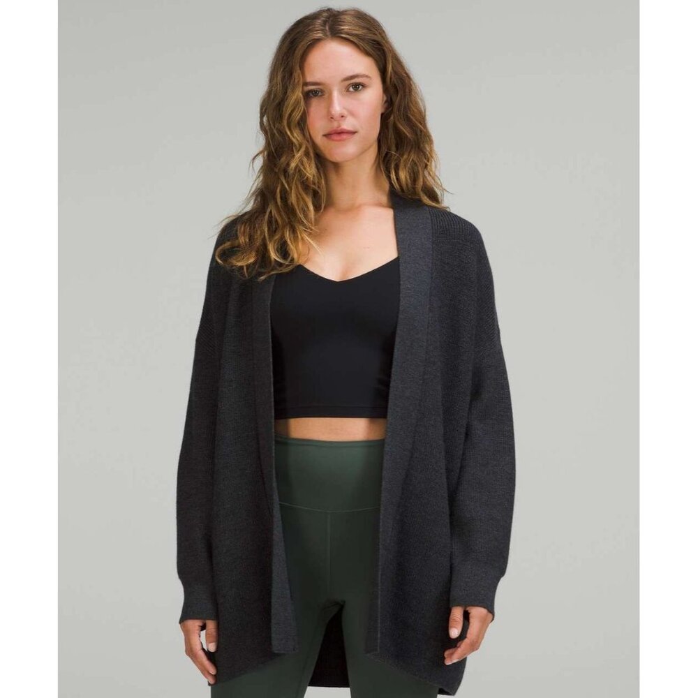Lululemon Merino Wool-Blend Ribbed Long Wrap Sweater Heather Black Size 6